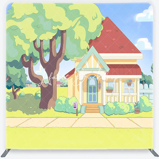 Lofaris Vibrant Animated Cartoon House and Green Front Yard Square Double-Sided Backdrop Kids Birthday Party Decor