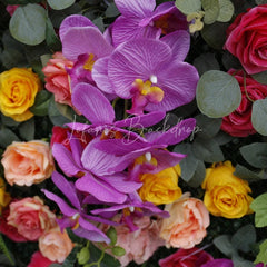 Lofaris Vibrant Artificial Flower Wall with Purple Orchids and Mixed Roses Lush Greenery Event Decor