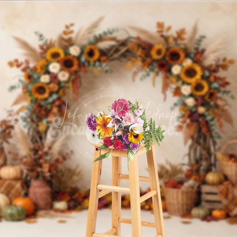 Lofaris Vibrant Autumn Harvest Photography Backdrop with Sunflowers Pumpkins and Rustic Fall Arch Decor for Seasonal Portraits