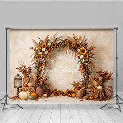 Lofaris Vibrant Autumn Harvest Photography Backdrop with Sunflowers Pumpkins and Rustic Fall Arch Decor for Seasonal Portraits