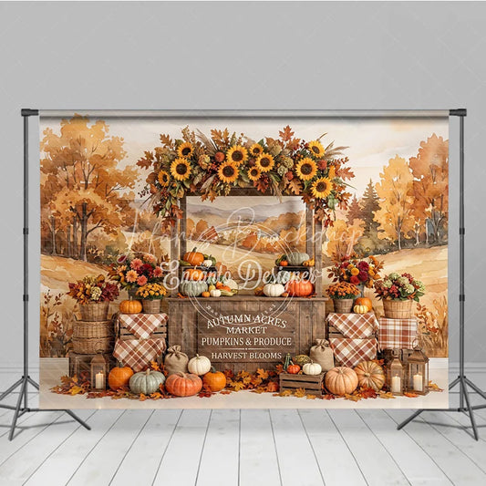 Lofaris Vibrant Autumn Market Stall Photography Backdrop with Sunflowers and Pumpkins Rustic Fall Harvest Festival Decor
