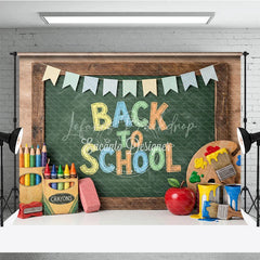 Lofaris Vibrant Back to School Chalkboard Photography Backdrop featuring Colorful Art Supplies and Festive Pennant Banners