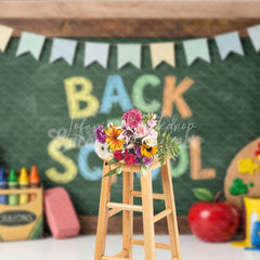 Lofaris Vibrant Back to School Chalkboard Photography Backdrop featuring Colorful Art Supplies and Festive Pennant Banners