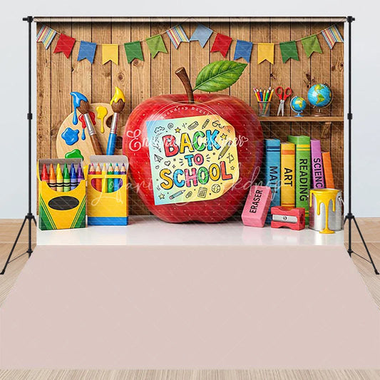 Lofaris Vibrant Back to School Combo Set Backdrop with Red Apple Classroom Supplies and Bunting Flags Decor