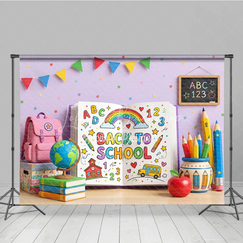 Lofaris Vibrant Back to School Photography Backdrop featuring a Colorful Open Book with Rainbow and Supplies