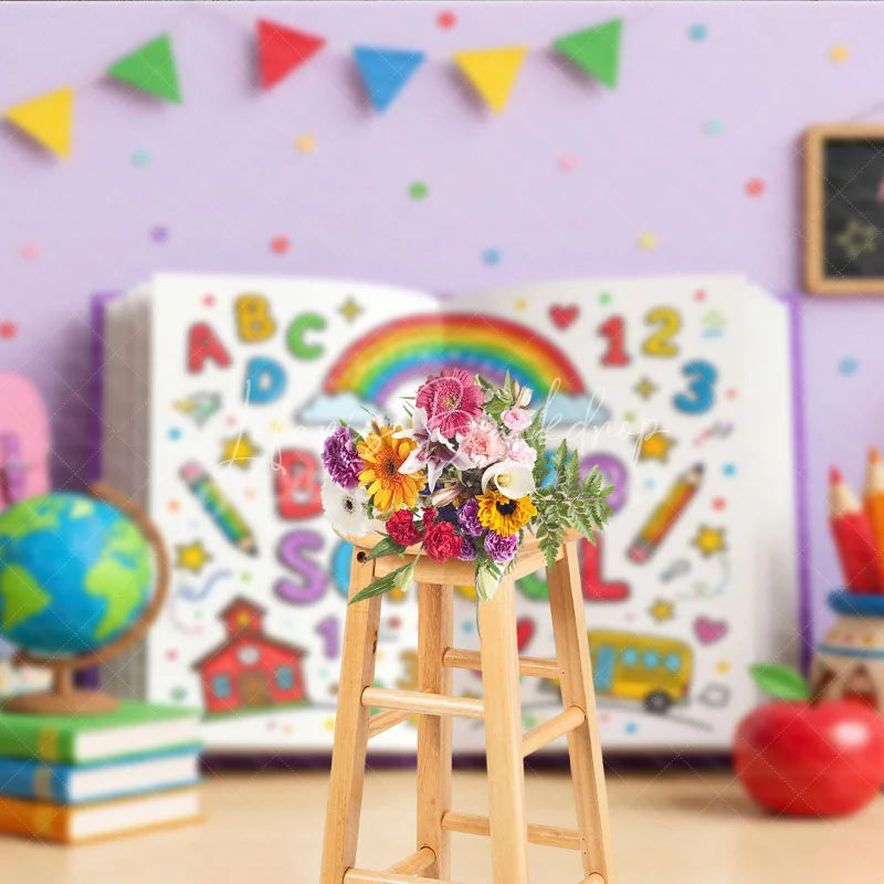 Lofaris Vibrant Back to School Photography Backdrop featuring a Colorful Open Book with Rainbow and Supplies