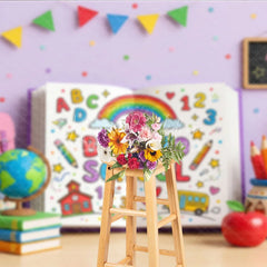 Lofaris Vibrant Back to School Photography Backdrop featuring a Colorful Open Book with Rainbow and Supplies