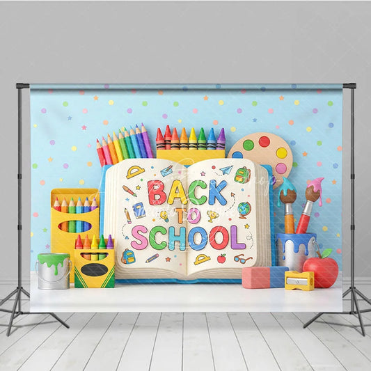 Lofaris Vibrant Back to School Photography Backdrop featuring Rainbow Pencils Crayons and Art Supplies for Kids