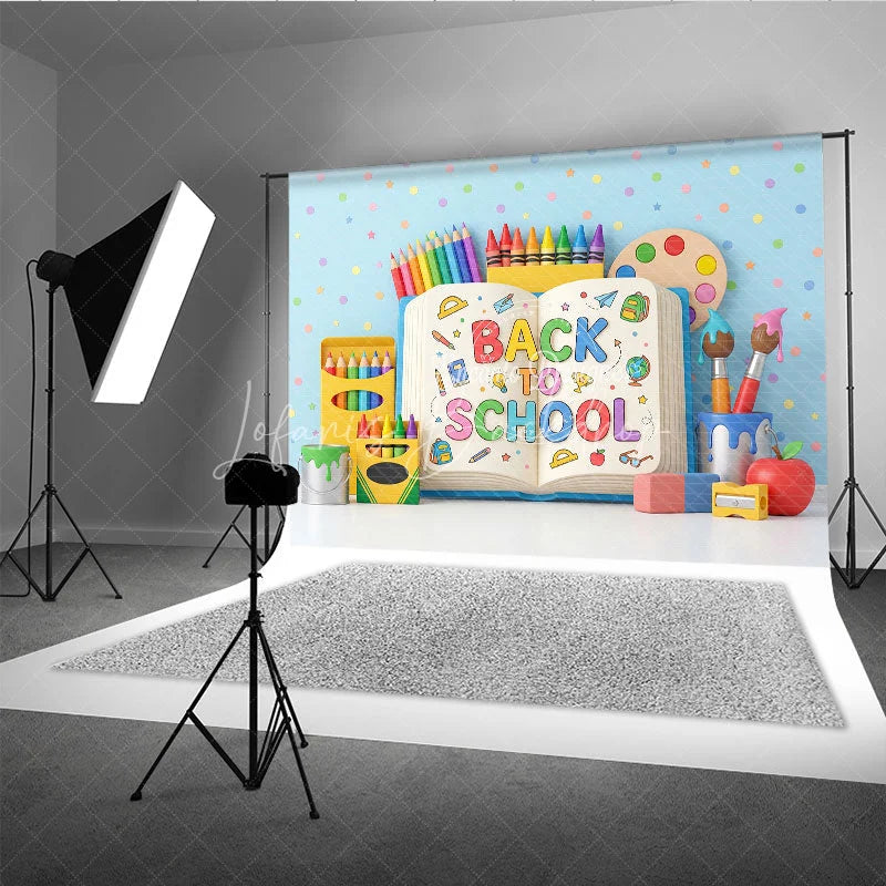 Lofaris Vibrant Back to School Photography Backdrop featuring Rainbow Pencils Crayons and Art Supplies for Kids
