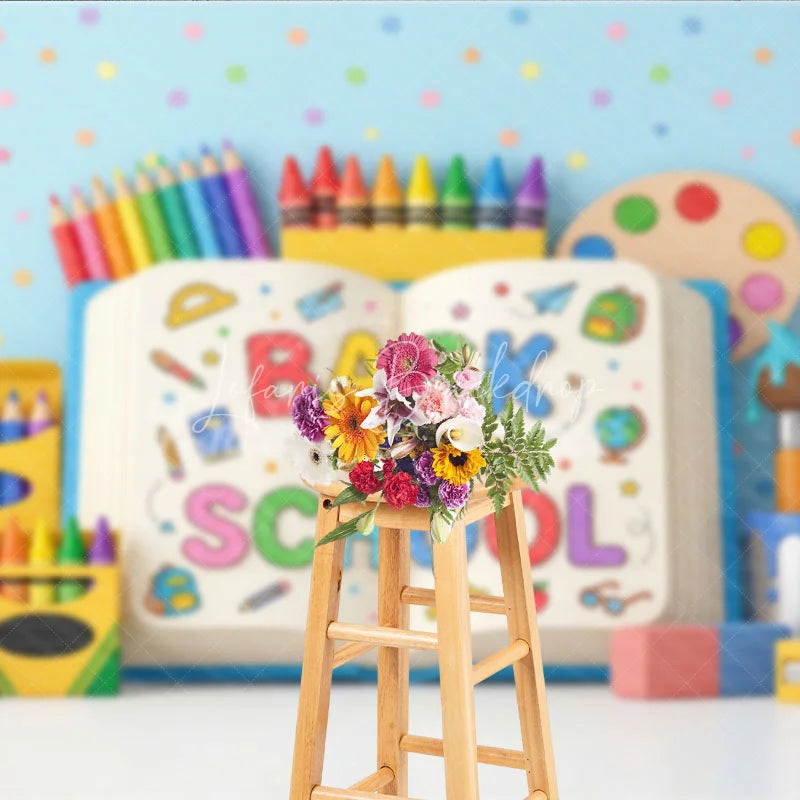 Lofaris Vibrant Back to School Photography Backdrop featuring Rainbow Pencils Crayons and Art Supplies for Kids
