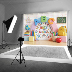 Lofaris Vibrant Back to School Photography Backdrop with ABC Letters Colorful Pencils and Classroom Elements