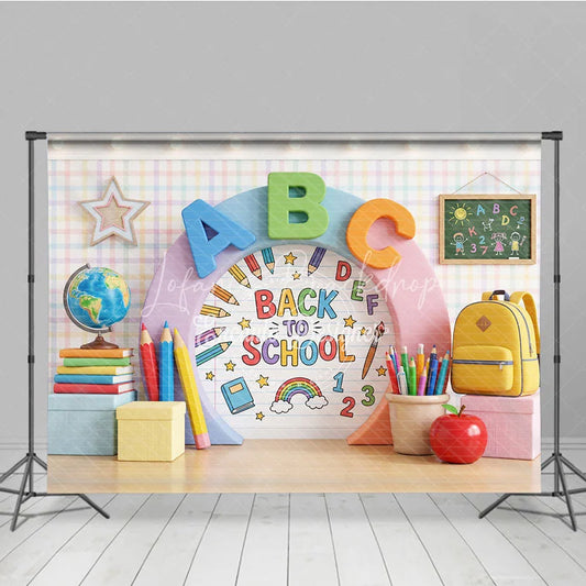 Lofaris Vibrant Back to School Photography Backdrop with ABC Letters Colorful Pencils and Classroom Elements