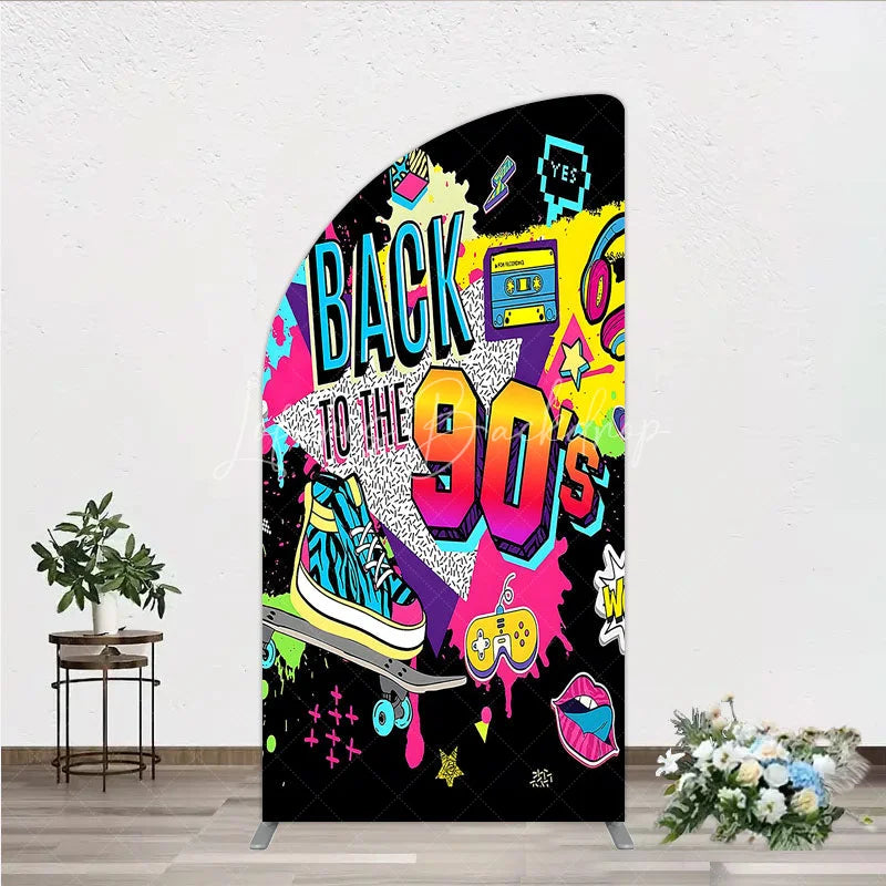 Lofaris Vibrant Back to the 90s Half Moon Arch Backdrop Retro Skateboard and Cassette Tape Party Decor