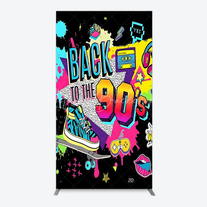 Lofaris Vibrant Back to the 90s Rectangle Backdrop Retro Skateboard and Cassette Tape Party Decor