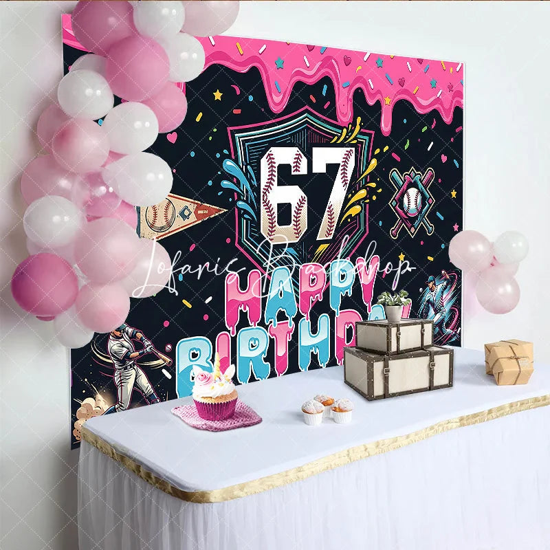 Lofaris Vibrant Baseball 7th Birthday Backdrop with Pink Dripping Icing and Sprinkles Sporty Party Decor