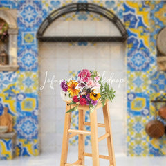 Lofaris Vibrant Blue and Yellow Mediterranean Tile Photography Backdrop Rustic European Kitchen Patio Decor
