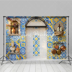 Lofaris Vibrant Blue and Yellow Mediterranean Tile Photography Backdrop Rustic European Kitchen Patio Decor