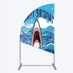 Lofaris Vibrant Blue Ocean Shark Happy Birthday Half Moon Arch Backdrop Kit Under the Sea Adventure Party Decor for Kids