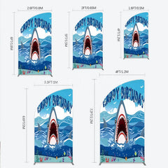 Lofaris Vibrant Blue Ocean Shark Happy Birthday Half Moon Arch Backdrop Kit Under the Sea Adventure Party Decor for Kids
