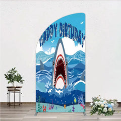 Lofaris Vibrant Blue Ocean Shark Happy Birthday Half Moon Arch Backdrop Kit Under the Sea Adventure Party Decor for Kids