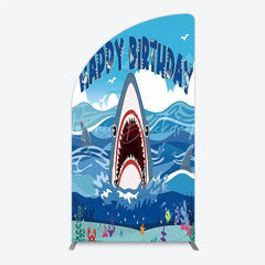 Lofaris Vibrant Blue Ocean Shark Happy Birthday Half Moon Arch Backdrop Kit Under the Sea Adventure Party Decor for Kids