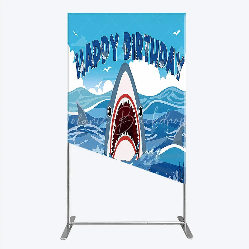 Lofaris Vibrant Blue Ocean Shark Happy Birthday Rectangle Backdrop Kit Under the Sea Adventure Party Decor for Kids