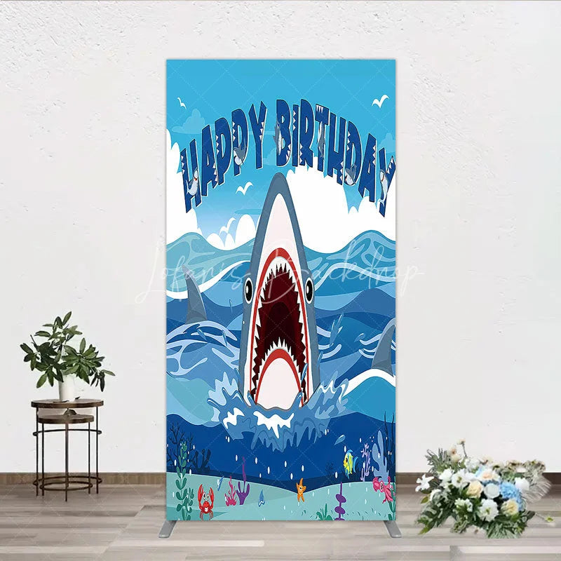 Lofaris Vibrant Blue Ocean Shark Happy Birthday Rectangle Backdrop Kit Under the Sea Adventure Party Decor for Kids