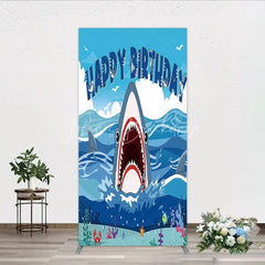 Lofaris Vibrant Blue Ocean Shark Happy Birthday Rectangle Backdrop Kit Under the Sea Adventure Party Decor for Kids