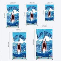 Lofaris Vibrant Blue Ocean Shark Happy Birthday Rectangle Backdrop Kit Under the Sea Adventure Party Decor for Kids