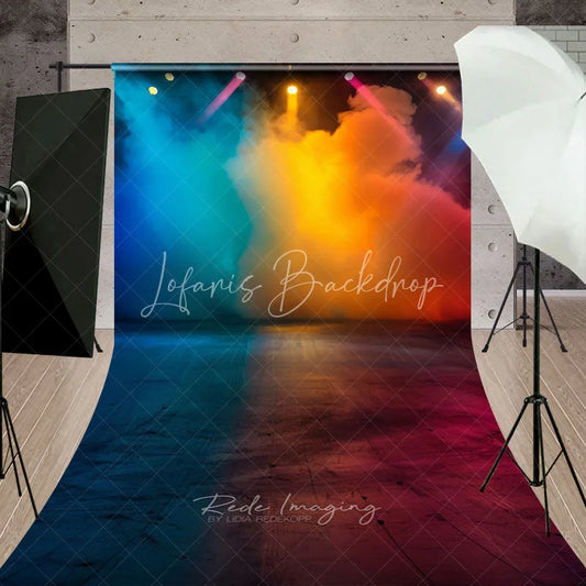 Lofaris Vibrant Blue Orange Red Smoke and Spotlights Sweep Backdrop Dramatic Stage Floor for Performance Photography
