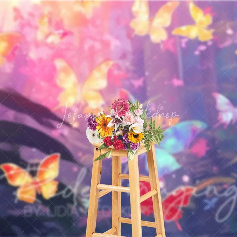 Lofaris Vibrant Butterfly Forest Backdrop Dreamy Pink Purple Photography Background for Kids Birthday Party Baby Shower