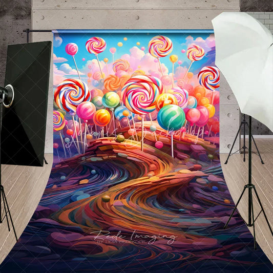 Lofaris Vibrant Candy Land Sweep Backdrop with Colorful Lollipops Whimsical Sweet Dreamscape for Kids Birthday Party