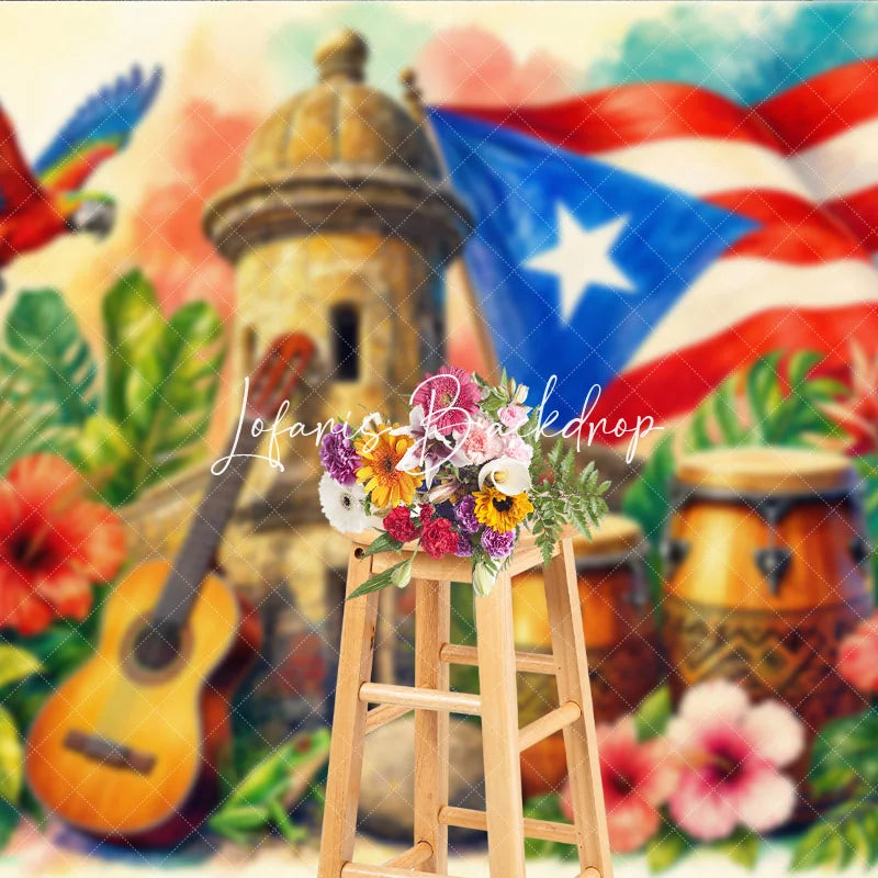 Lofaris Vibrant Caribbean Tropical Holiday Backdrop with Red White Blue Flag Historic Stone Tower and Musical Instruments