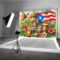 Lofaris Vibrant Caribbean Tropical Holiday Backdrop with Red White Blue Flag Historic Stone Tower and Musical Instruments