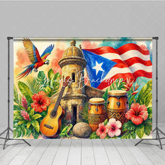 Lofaris Vibrant Caribbean Tropical Holiday Backdrop with Red White Blue Flag Historic Stone Tower and Musical Instruments