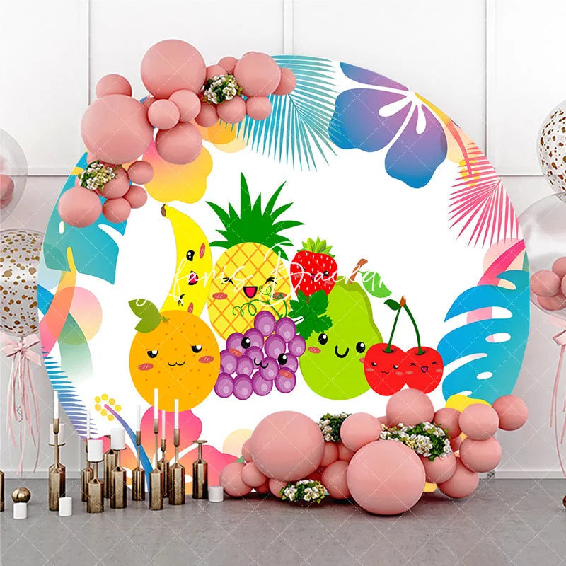 Lofaris Vibrant Cartoon Fruit and Tropical Leaves Round Backdrop Cute Summer Birthday Baby Shower Party Decoration