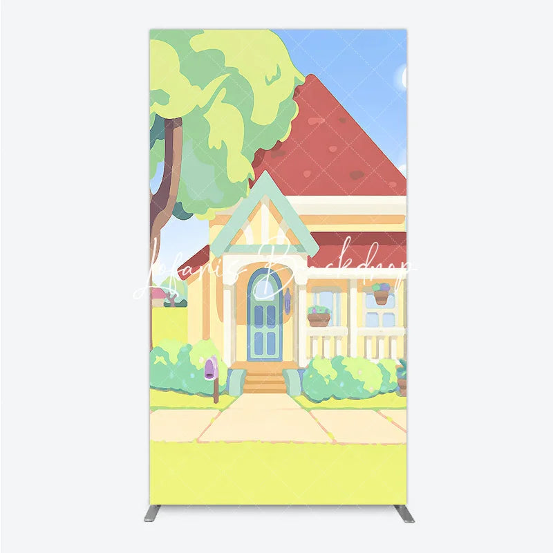 Lofaris Vibrant Cartoon House Rectangle Arch Backdrop Featuring Red Roof Blue Door for Kids Party Decoration