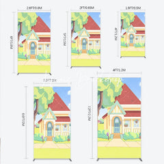 Lofaris Vibrant Cartoon House Rectangle Arch Backdrop Featuring Red Roof Blue Door for Kids Party Decoration