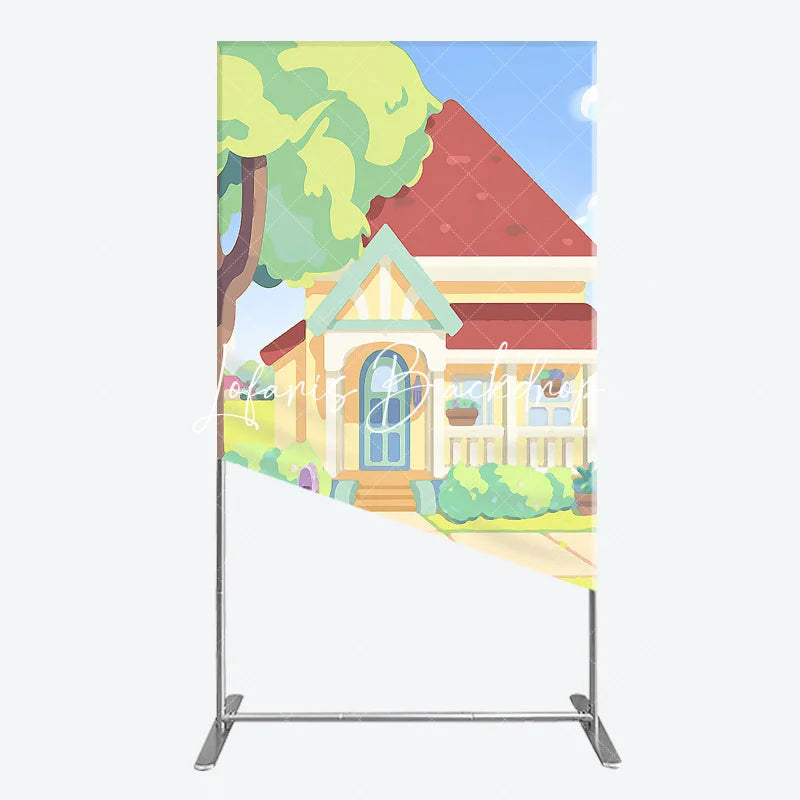 Lofaris Vibrant Cartoon House Rectangle Arch Backdrop Featuring Red Roof Blue Door for Kids Party Decoration