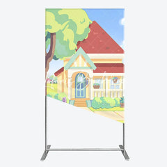 Lofaris Vibrant Cartoon House Rectangle Arch Backdrop Featuring Red Roof Blue Door for Kids Party Decoration