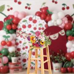 Lofaris Vibrant Cherry Pattern Photography Backdrop with Red and Green Balloons Sweet Fruit Theme Birthday Party Decor