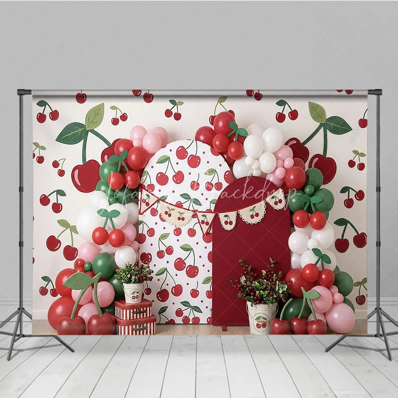Lofaris Vibrant Cherry Pattern Photography Backdrop with Red and Green Balloons Sweet Fruit Theme Birthday Party Decor