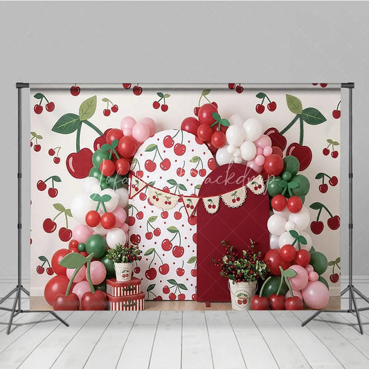 Lofaris Vibrant Cherry Pattern Photography Backdrop with Red and Green Balloons Sweet Fruit Theme Birthday Party Decor