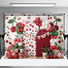 Lofaris Vibrant Cherry Pattern Photography Backdrop with Red and Green Balloons Sweet Fruit Theme Birthday Party Decor
