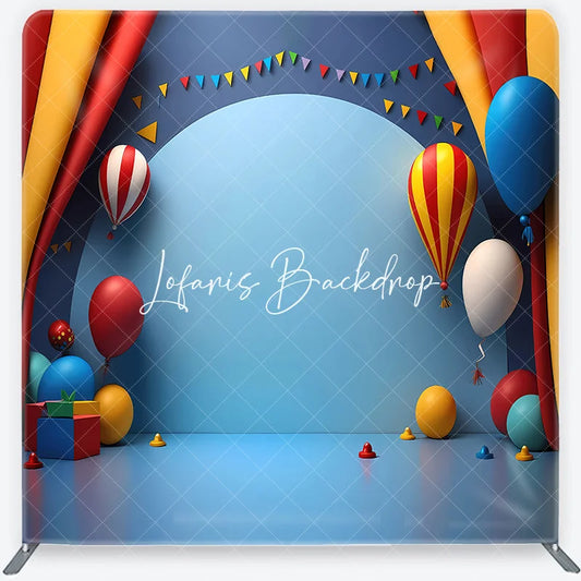 Lofaris Vibrant Circus Theme Balloons and Pennant Banner Square Double-Sided Backdrop Festive Birthday Party Decor