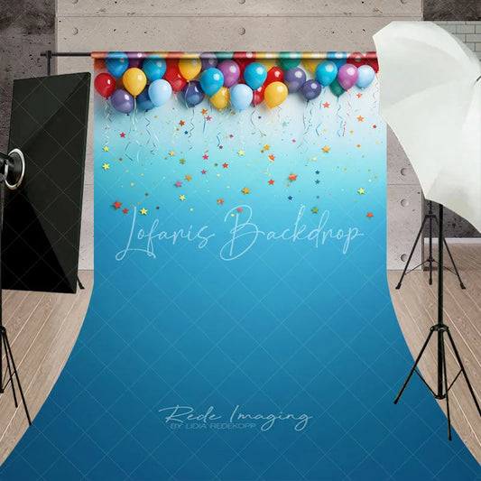 Lofaris Vibrant Colorful Balloons and Confetti Sweep Backdrop Festive Blue Gradient for Birthday Party Celebration