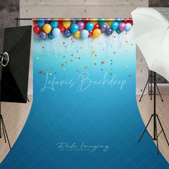 Lofaris Vibrant Colorful Balloons and Confetti Sweep Backdrop Festive Blue Gradient for Birthday Party Celebration