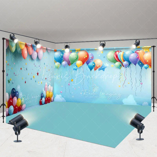 Lofaris Vibrant Colorful Balloons and Golden Stars Light Blue Room Set Backdrop Festive Celebration Party Decor