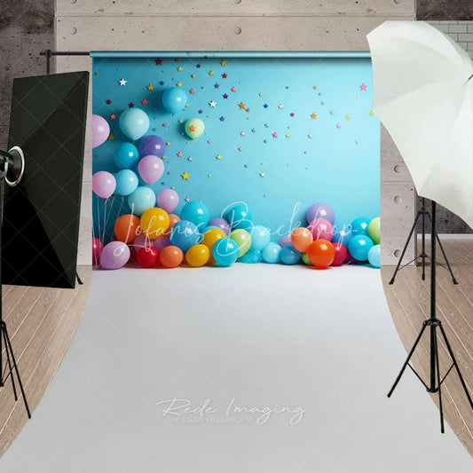 Lofaris Vibrant Colorful Balloons and Scattered Stars Light Blue Sweep Backdrop Festive Party Celebration Decor for Kids