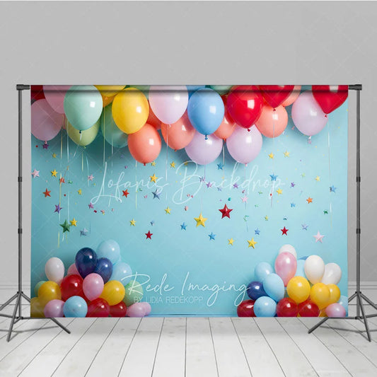 Lofaris Vibrant Colorful Balloons and Star Confetti Sky Blue Photography Backdrop Perfect for Birthday Party Baby Shower